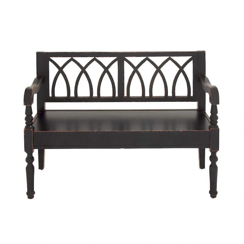 Banc en bois vieilli avec dossier arqué et pieds tournés – Noir ou blanc – Roche River Decor