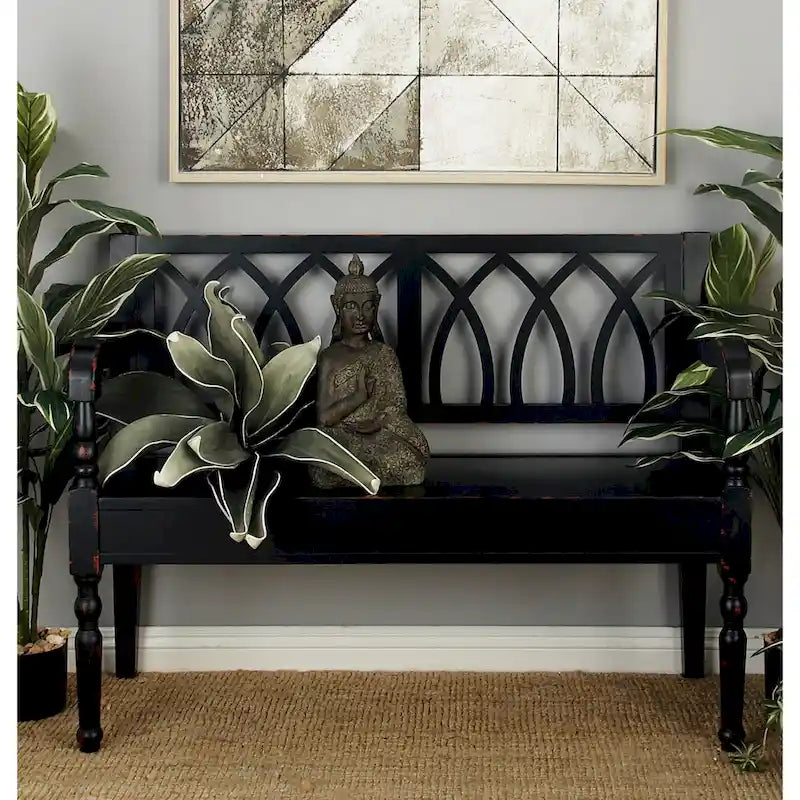 Banc en bois vieilli avec dossier arqué et pieds tournés – Noir ou blanc – Roche River Decor