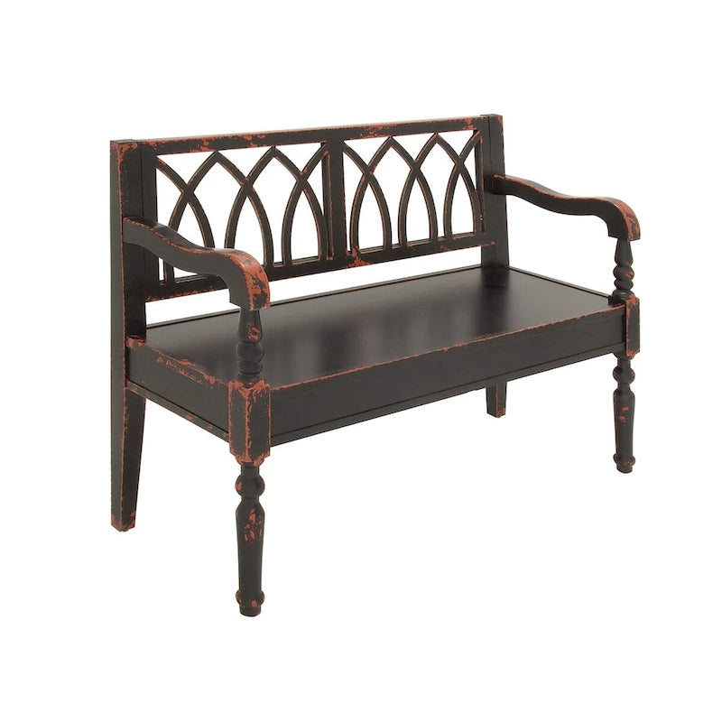 Banc en bois vieilli avec dossier arqué et pieds tournés – Noir ou blanc – Roche River Decor