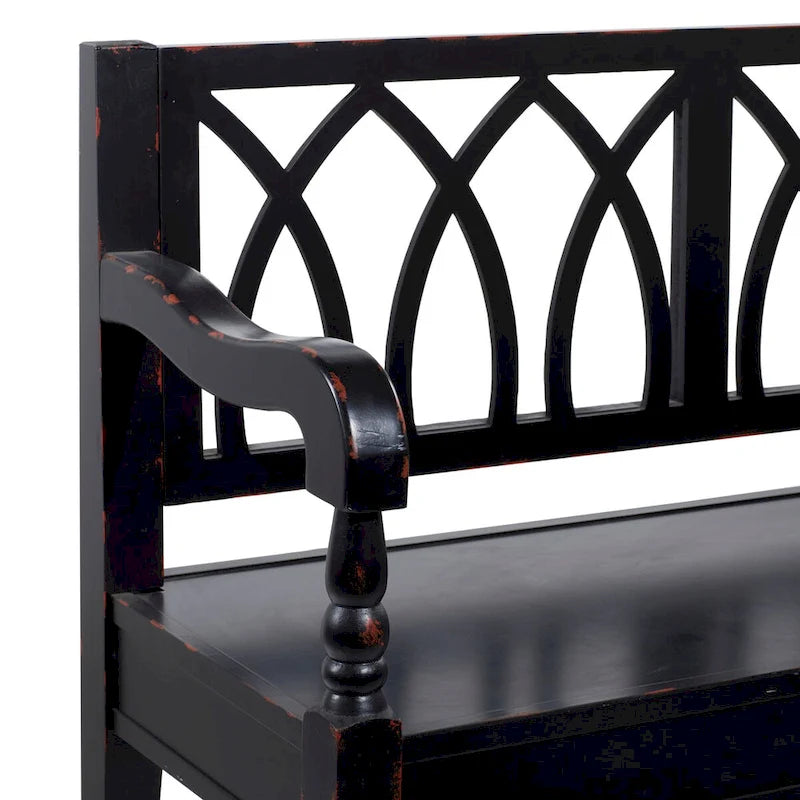 Banc en bois vieilli avec dossier arqué et pieds tournés – Noir ou blanc – Roche River Decor