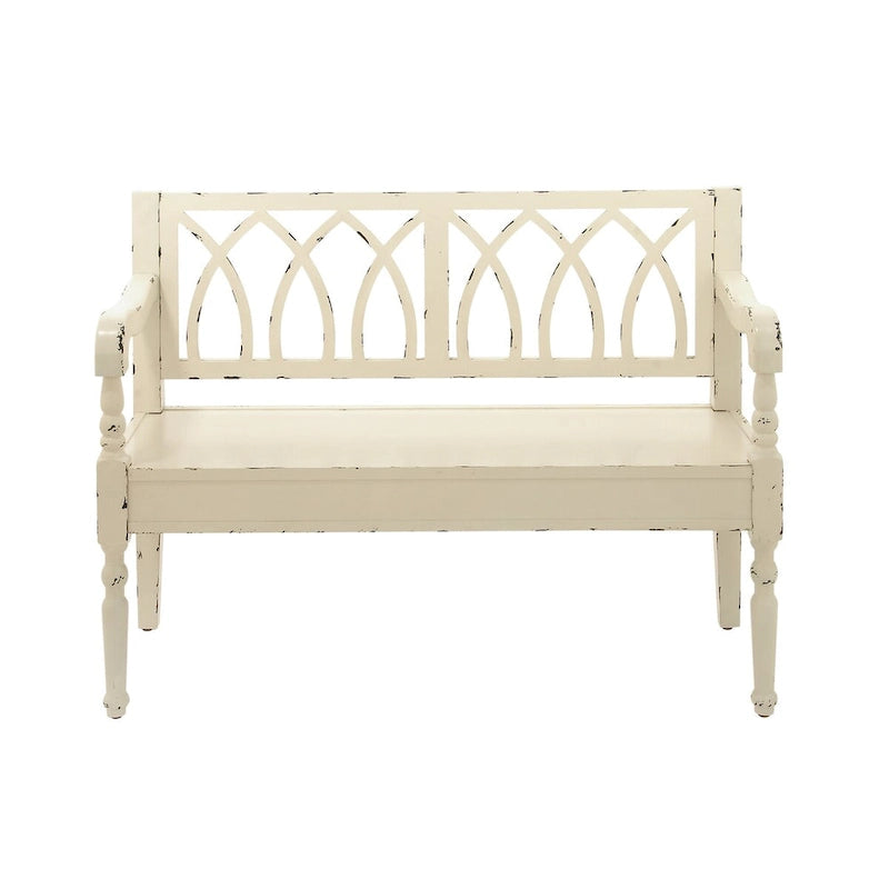 Banc en bois vieilli avec dossier arqué et pieds tournés – Noir ou blanc – Roche River Decor