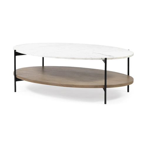 Table basse ovale à étagère 48 en marbre véritable marron et noir et métal - 30