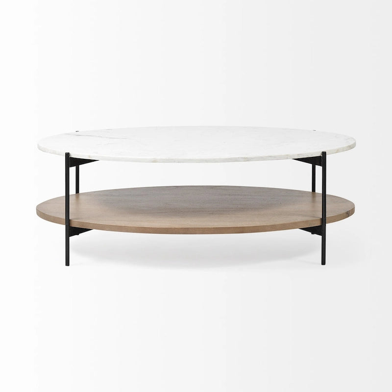 Table basse ovale à étagère 48 en marbre véritable marron et noir et métal - 30