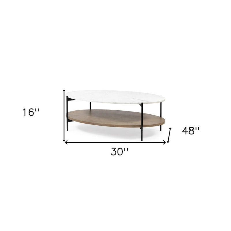 Table basse ovale à étagère 48 en marbre véritable marron et noir et métal - 30