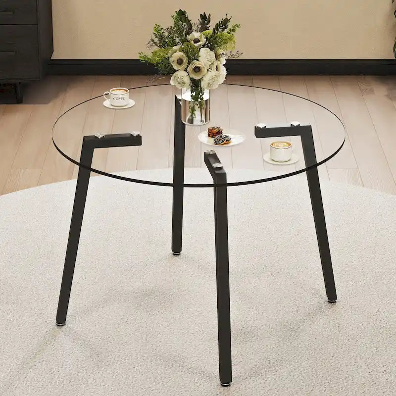 Table ronde en verre trempé transparent, plateau de table en verre trempé, pieds en métal noir, pour cuisine, salon, 42 *42 *29.5