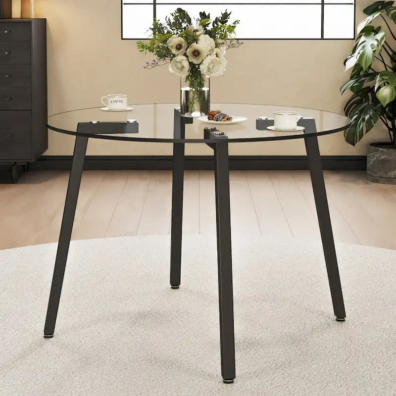 Table ronde en verre trempé transparent, plateau de table en verre trempé, pieds en métal noir, pour cuisine, salon, 42 *42 *29.5