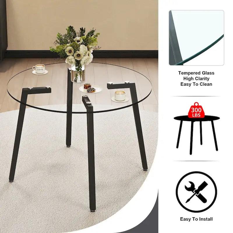 Table ronde en verre trempé transparent, plateau de table en verre trempé, pieds en métal noir, pour cuisine, salon, 42 *42 *29.5