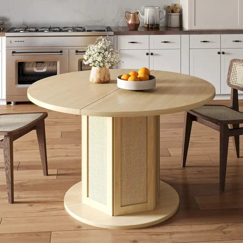 Moasis Farmhouse Round Pedestal Dining Table for 4 with Rattan Circular Base