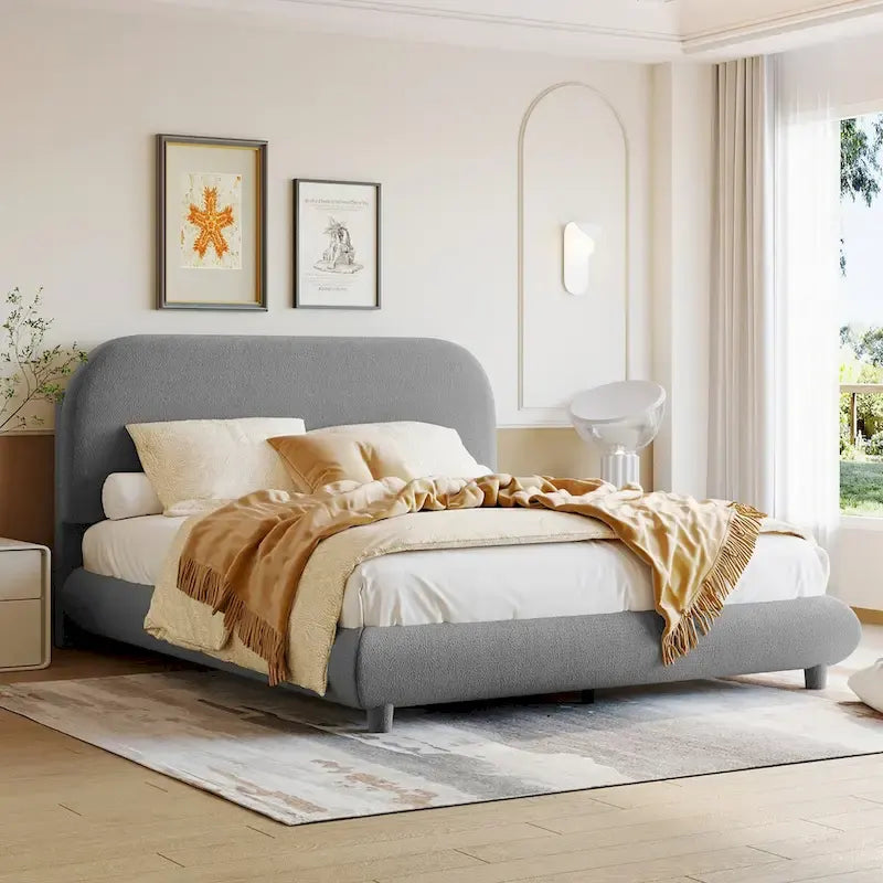 Lit plate-forme capitonné taille double en tissu épais molletonné
