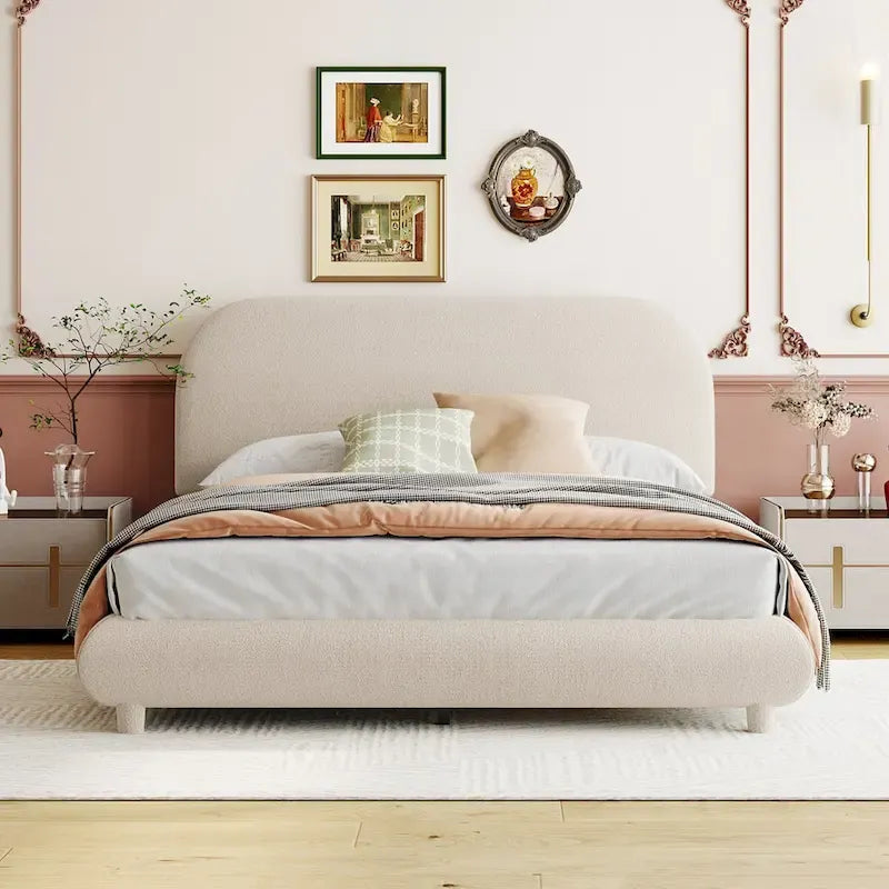 Lit plate-forme capitonné taille double en tissu épais molletonné