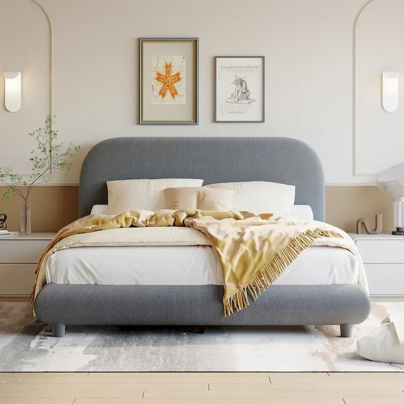 Lit plate-forme capitonné taille double en tissu épais molletonné